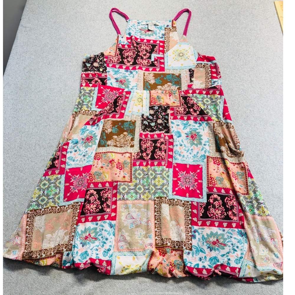 American Rag Patchwork Dress Womens 2X Multicolor Boho Braided Strap Bubble Hem